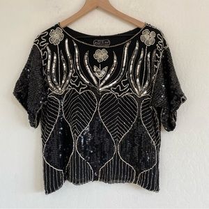 Jean for Joseph Le Bon Women’s L Vintage Silk Beaded Sequin Floral Top Blouse